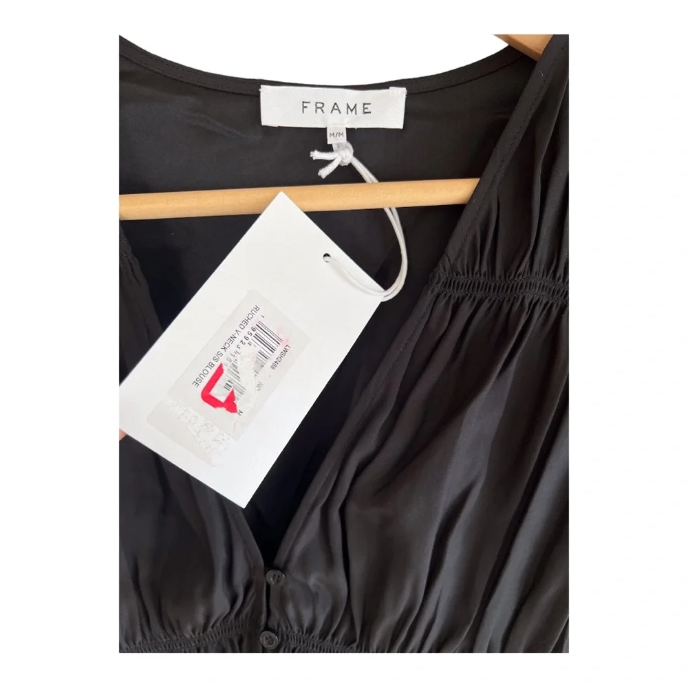 FRAME Ruched V-Neck Silk Short Sleeve Blouse - Picture 4 of 6